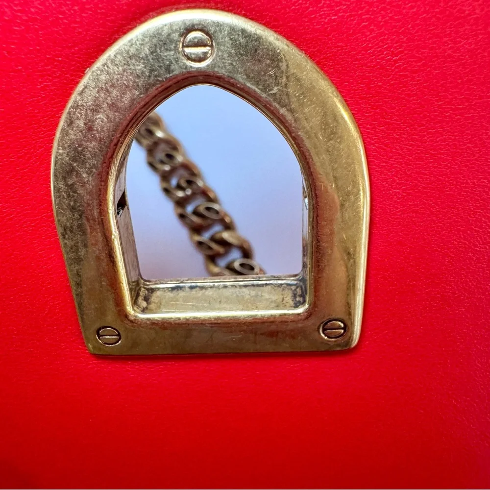 Christian Dior Diorama Red Leather Medium Flap Bag W Gold Studs & Chain Strap